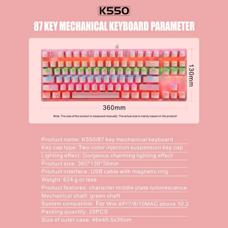 LEAVEN K550 87 Keys Green Shaft Gaming Athletic Office Notebook Punk Mechanical Keyboard, Cable Length: 1.8m(White)