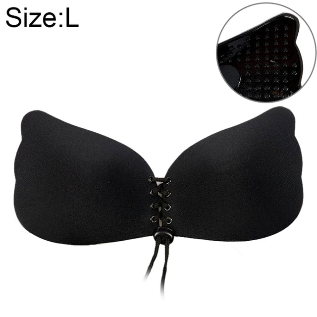 Women Self-Adhesive Strapless Bandage Blackless Solid Bra Silicone Underwear Invisible Bra, Size:L (T Black)
