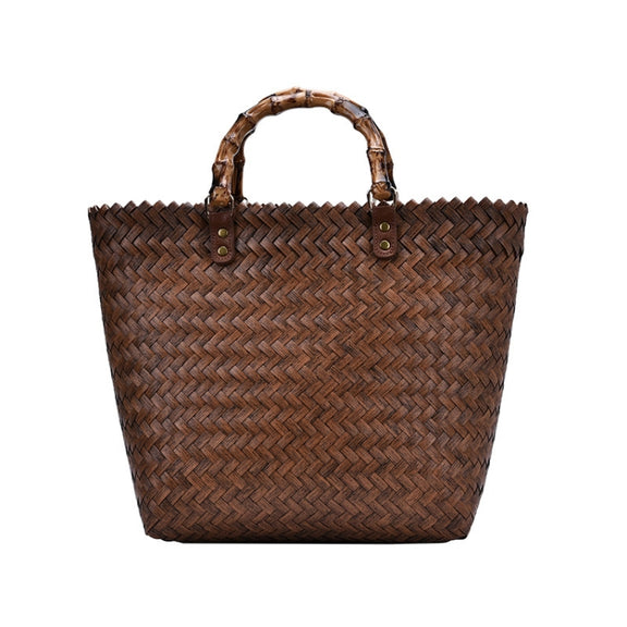 Retro Large-Capacity Bamboo Portable Straw Beach Bag(Brown)