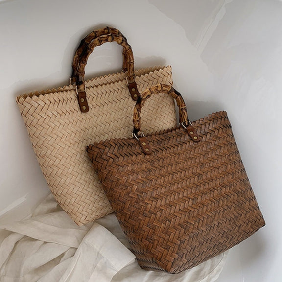 Retro Large-Capacity Bamboo Portable Straw Beach Bag(Brown)