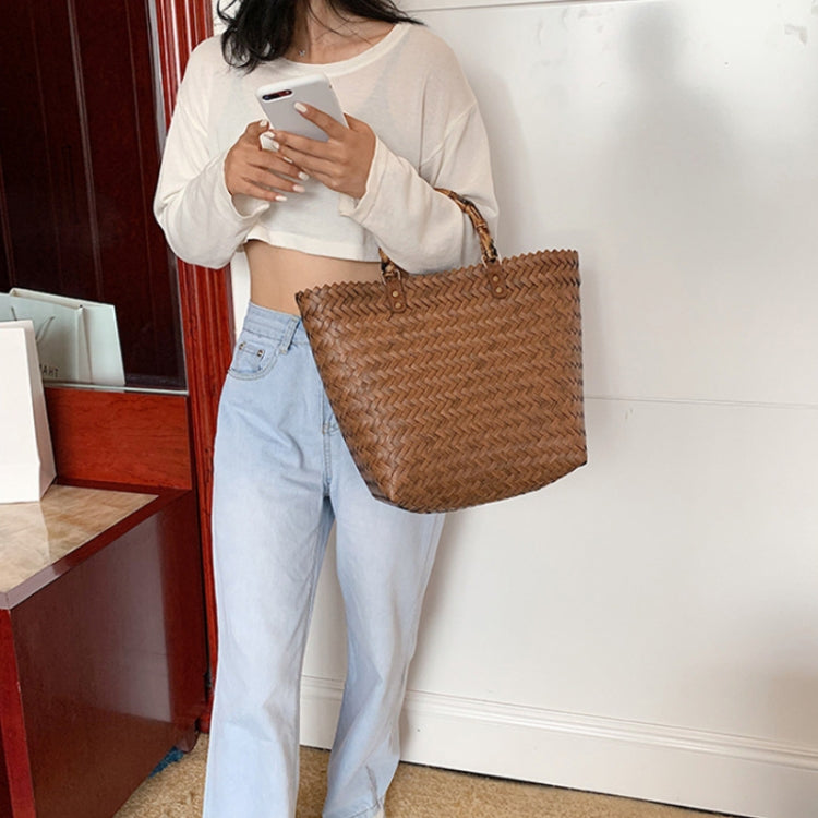 Retro Large-Capacity Bamboo Portable Straw Beach Bag(Brown)