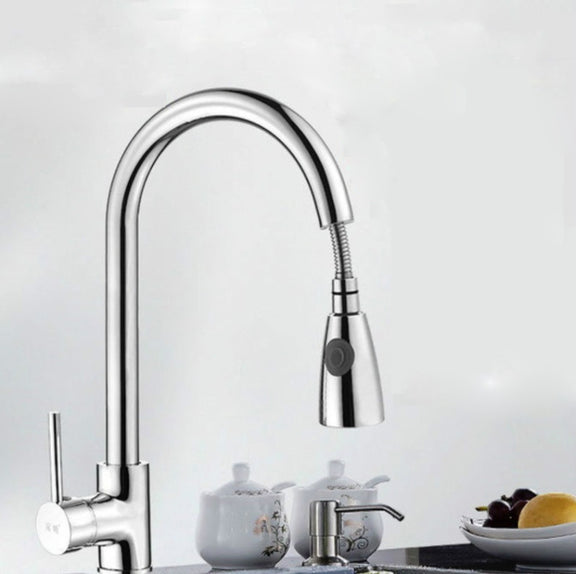 Kitchen Pull-out Faucet Hot And Cold Home 304 Stainless Steel Retractable Rotating Faucet, Style:Plating 304