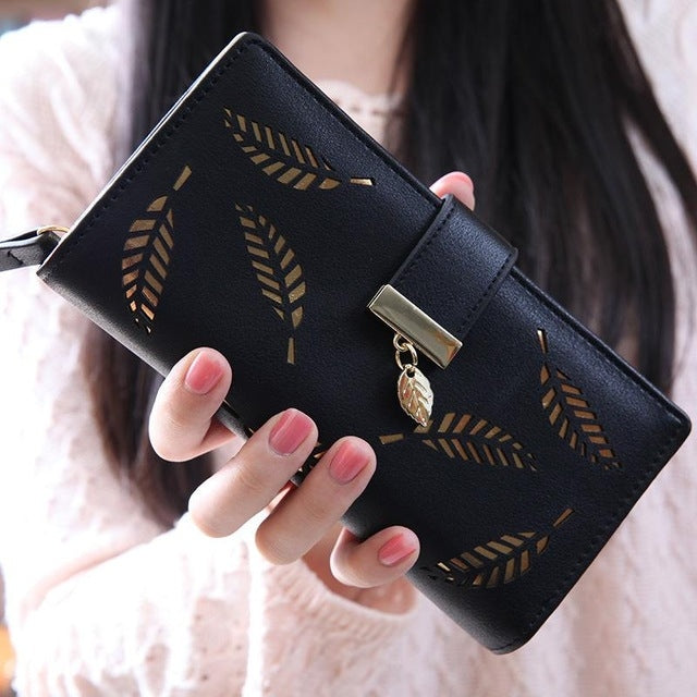 Long Gold Hollow Leaves Coin Purse Card Holders Wallet for Women(Black)
