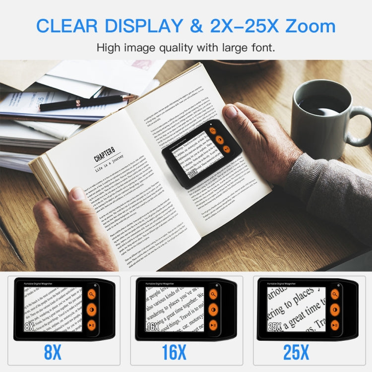 3.5 Inch 2X-25X High-Definition Handheld  Magnifying Glass Electronic Vision Aid(Black)