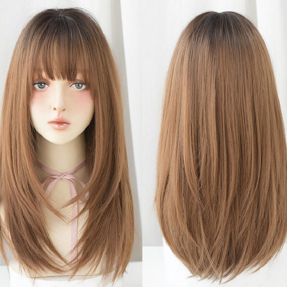 Ladies Long Straight Hair Air Bangs Wig Hair Set, Colour: Honey Tea