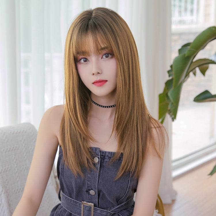 Ladies Long Straight Hair Air Bangs Wig Hair Set, Colour: Honey Tea