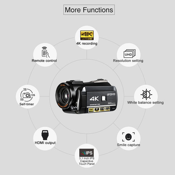 ORDRO AC3 3.1 inch IPS Screen 4K Full HD 13MP Night Vision WiFi Live Camcorder DV Digital Camera, Style:Standard + Microphone(Black)