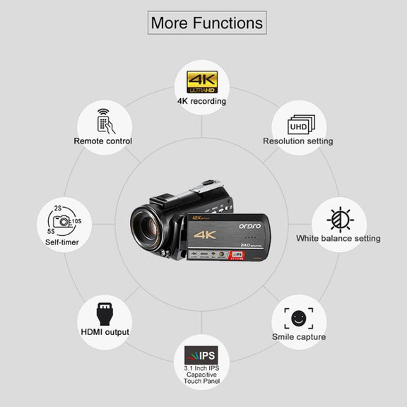 ORDRO AC5 4K HD Night Vision WiFi 12X Optical Zoom Digital Video DV Camera Camcorder, Style:Standard(Black)