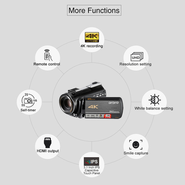 ORDRO AC5 4K HD Night Vision WiFi 12X Optical Zoom Digital Video DV Camera Camcorder, Style:Standard + Microphone(Black)
