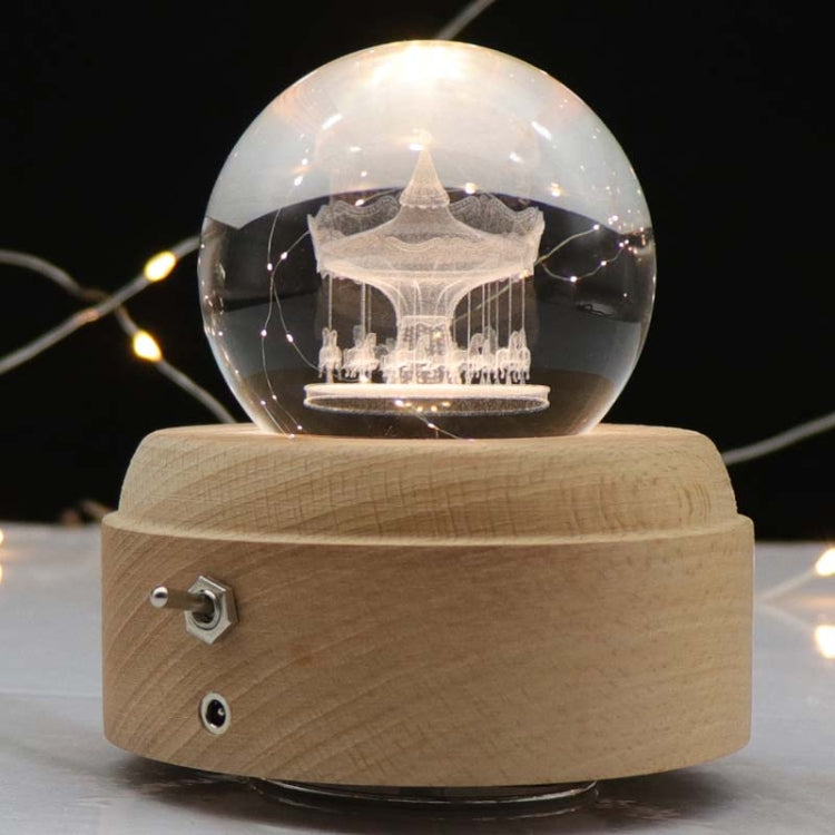 Girl Bedside Lamp Crystal Ball Wooden Base Music Box Charging Glow Rotating Night Light, Random Music(Carousel)