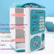 Simulation Password Fingerprint Sensor Unlocking Money Box Automatic Roll Money Safe ATM Piggy Bank(Blue)