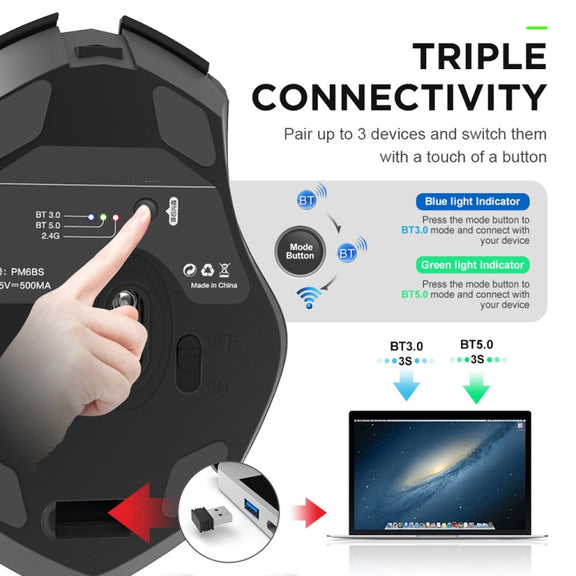 Inphic A1 6 Keys 1000/1200/1600 DPI Home Gaming Wireless Mechanical Mouse, Colour: Black Wireless+Bluetooth 4.0+Bluetooth 5.0