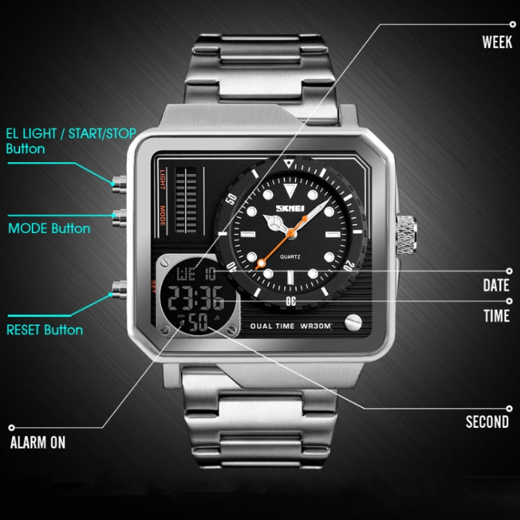 SKMEI 1392 Multi-Function Outdoor Sports Watch Business Double Display Water-resistant Electronic Watch(Silver)