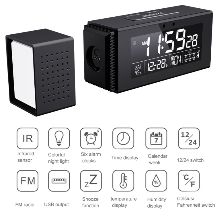 TS-P30 Multifunctional Night Light Alarm Digital Clock with FM Radio & Temperature / Humidity Display & IR Sensor Function(White)