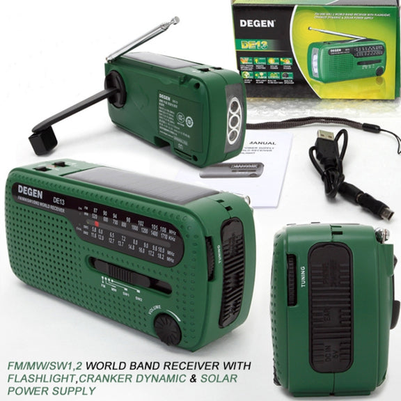DE13 Hand-Cranked Power Full Band Solar Charging Emergency Outdoor Radio(Green)