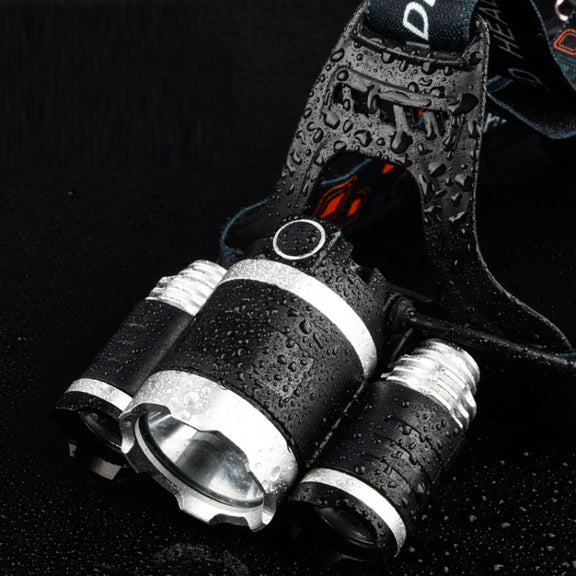 Strong Light Long-Range Rechargeable Three-Head Lamp Outdoor Fishing Lamp Led Head-Mounted Flashlight (1T6 x 2XPE 2 Batteries)