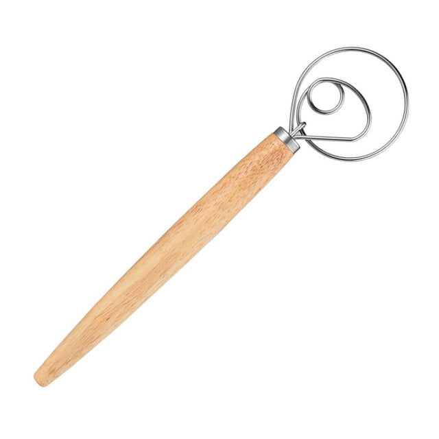 2 PCS 13 Inch Oak Handle Flour Mixer Dough Stainless Steel Mixing Rod Coil Whisk Single Circle Agitator