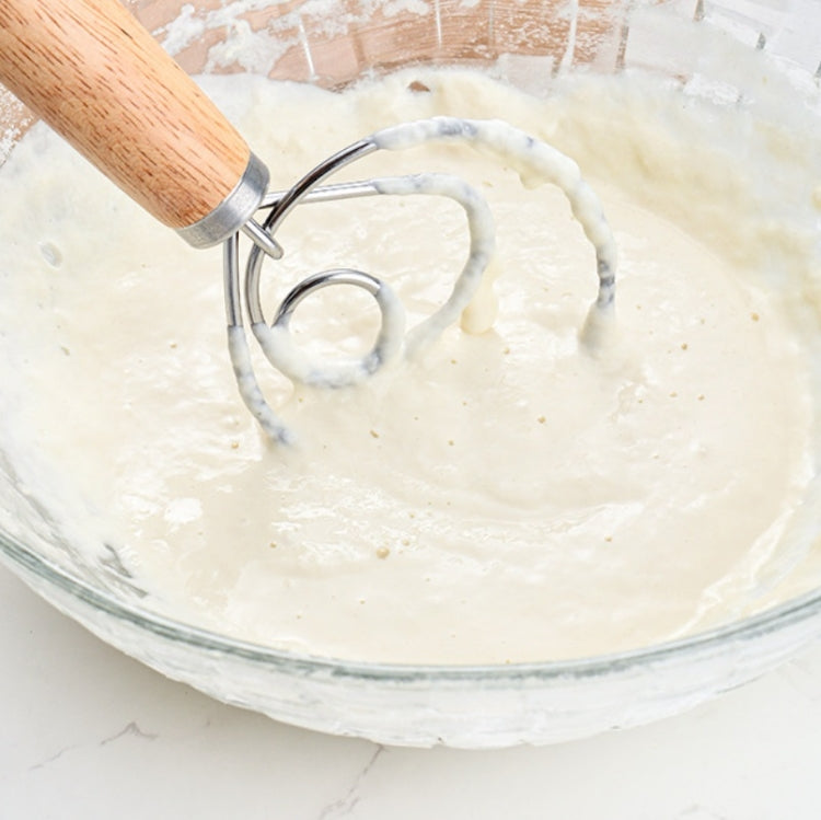 2 PCS 13 Inch Oak Handle Flour Mixer Dough Stainless Steel Mixing Rod Coil Whisk Three Circle Agitator