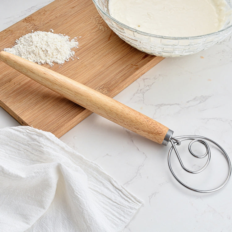 2 PCS 13 Inch Oak Handle Flour Mixer Dough Stainless Steel Mixing Rod Coil Whisk Three Circle Agitator
