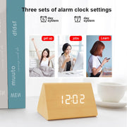 Mute Luminous Electronic Clock Wooden Sound Control Small Triangle Alarm Clock Brown Wood Red Light