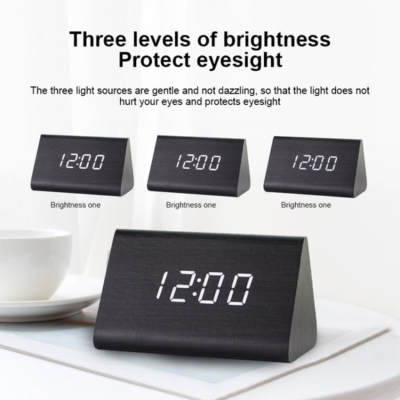 Mute Luminous Electronic Clock Wooden Sound Control Small Triangle Alarm Clock Brown Wood Red Light