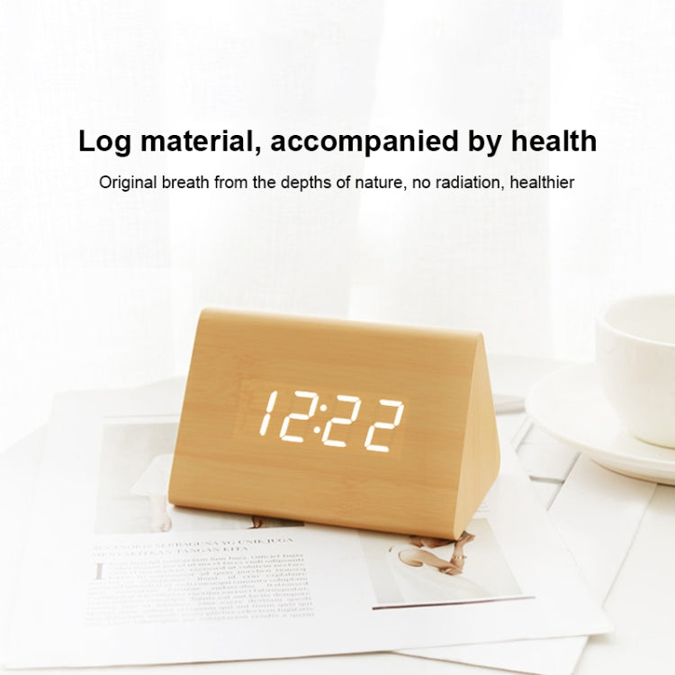 Mute Luminous Electronic Clock Wooden Sound Control Small Triangle Alarm Clock Brown Wood Red Light