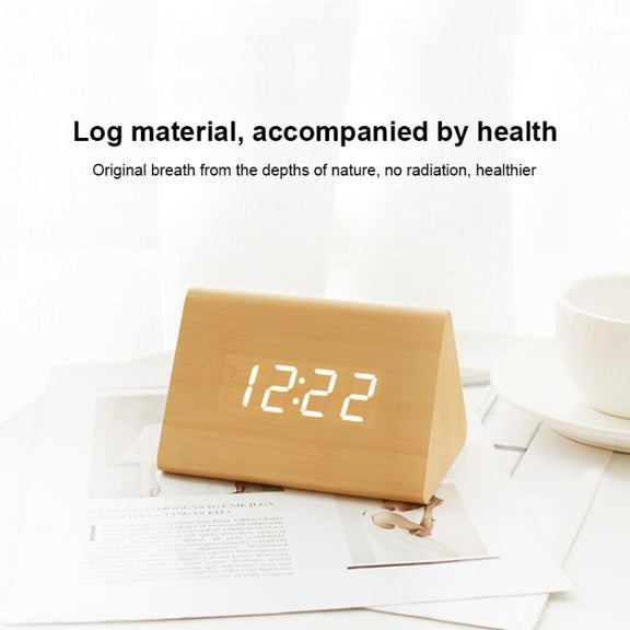 Mute Luminous Electronic Clock Wooden Sound Control Small Triangle Alarm Clock Brown Wood Red Light