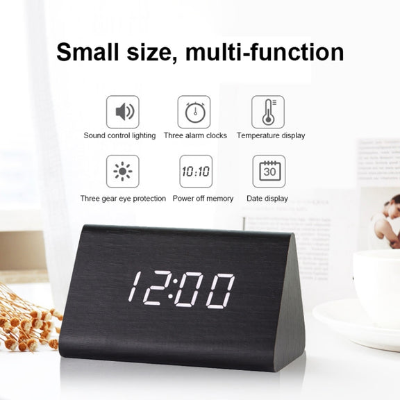 Mute Luminous Electronic Clock Wooden Sound Control Small Triangle Alarm Clock White Wood White Light