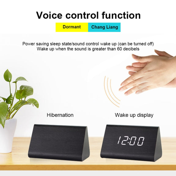 Mute Luminous Electronic Clock Wooden Sound Control Small Triangle Alarm Clock White Wood White Light