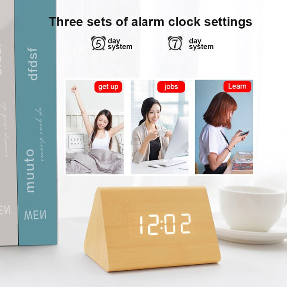 Mute Luminous Electronic Clock Wooden Sound Control Small Triangle Alarm Clock White Wood White Light