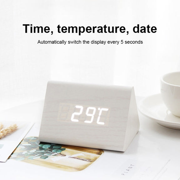 Mute Luminous Electronic Clock Wooden Sound Control Small Triangle Alarm Clock White Wood White Light