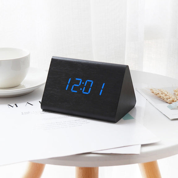 Mute Luminous Electronic Clock Wooden Sound Control Small Triangle Alarm Clock White Wood White Light