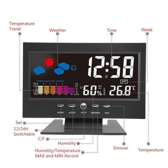 8082T Weather Forecast Clock LED Color Screen Perpetual Calendar Temperature And Humidity Intelligent Voice Control Electronic Alarm Cloc,Specification: Black