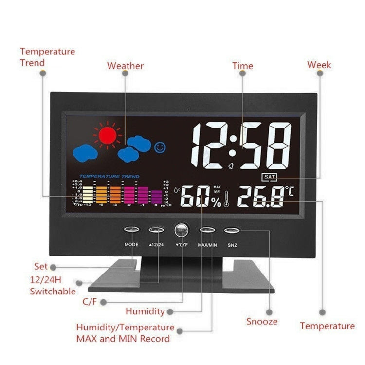 8082T Weather Forecast Clock LED Color Screen Perpetual Calendar Temperature And Humidity Intelligent Voice Control Electronic Alarm Cloc,Specification: Black