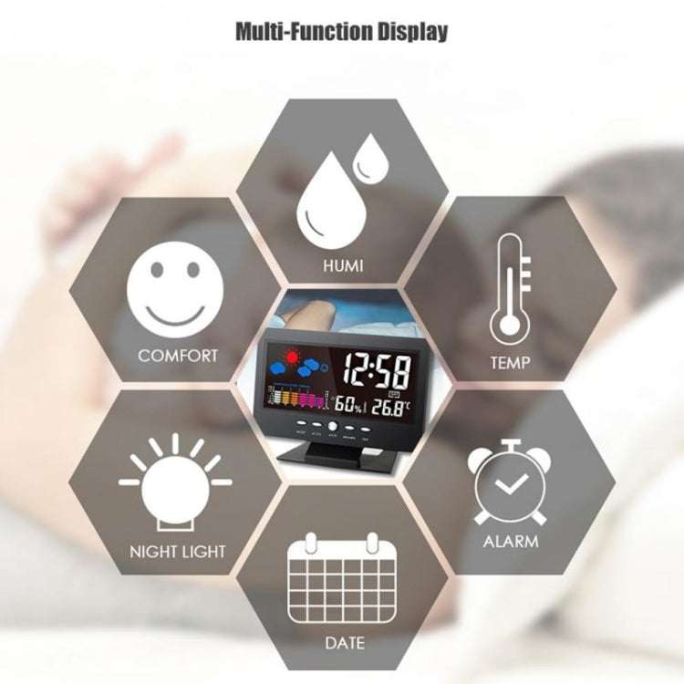 8082T Weather Forecast Clock LED Color Screen Perpetual Calendar Temperature And Humidity Intelligent Voice Control Electronic Alarm Cloc,Specification: Black + USB