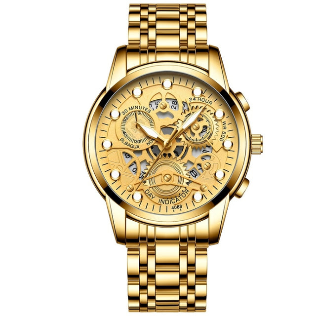 FNGEEN 4088 Men Hollow Quartz Watch Student Water-resistant Luminous Watch(Full Gold Gold Surface)