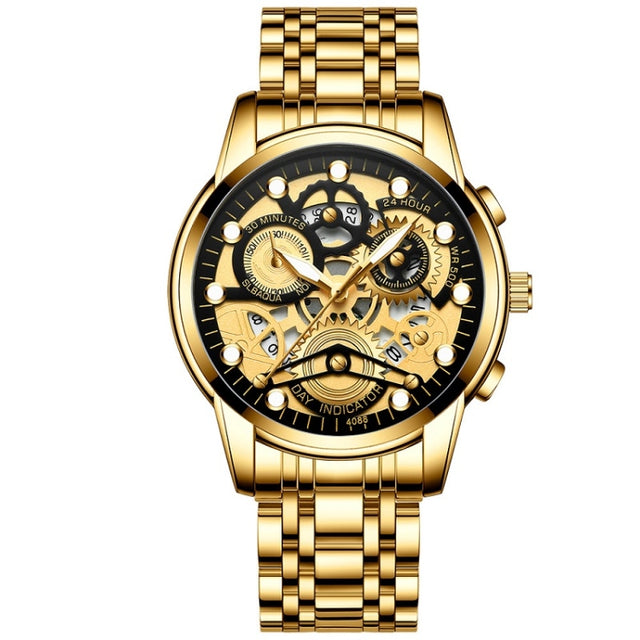 FNGEEN 4088 Men Hollow Quartz Watch Student Water-resistant Luminous Watch(Full Gold Black Surface)