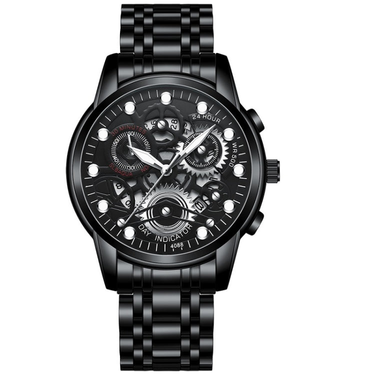 FNGEEN 4088 Men Hollow Quartz Watch Student Water-resistant Luminous Watch(Black Steel Black Surface White Nails)