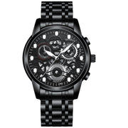 FNGEEN 4088 Men Hollow Quartz Watch Student Water-resistant Luminous Watch(Black Steel Black Surface White Nails)