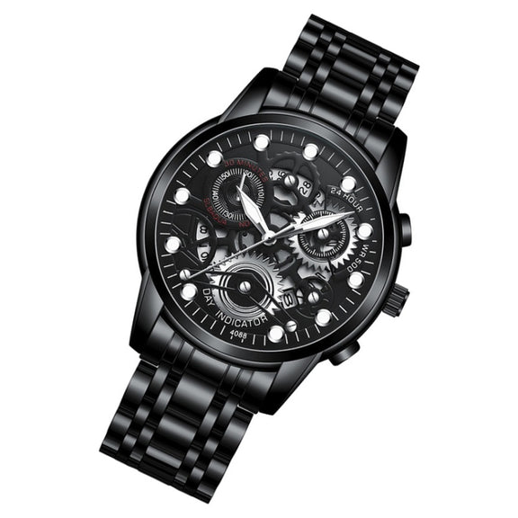 FNGEEN 4088 Men Hollow Quartz Watch Student Water-resistant Luminous Watch(Black Steel Black Surface White Nails)