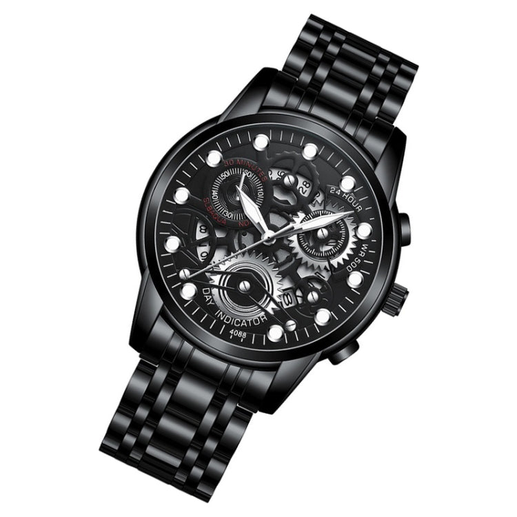 FNGEEN 4088 Men Hollow Quartz Watch Student Water-resistant Luminous Watch(Black Steel Black Surface White Nails)