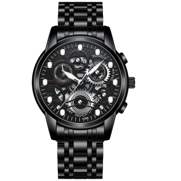 FNGEEN 4088 Men Hollow Quartz Watch Student Water-resistant Luminous Watch(Black Steel Black Surface White Nails)