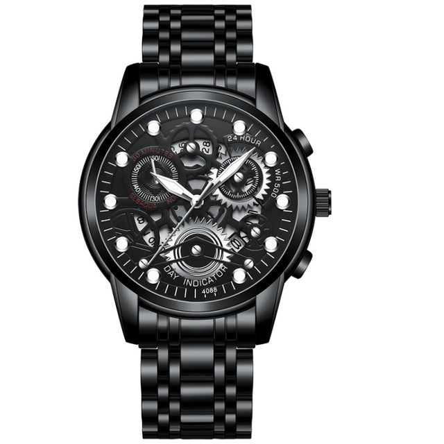 FNGEEN 4088 Men Hollow Quartz Watch Student Water-resistant Luminous Watch(Black Steel Black Surface White Nails)