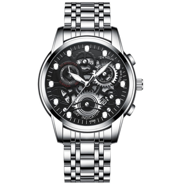 FNGEEN 4088 Men Hollow Quartz Watch Student Water-resistant Luminous Watch(White Steel Black Surface)