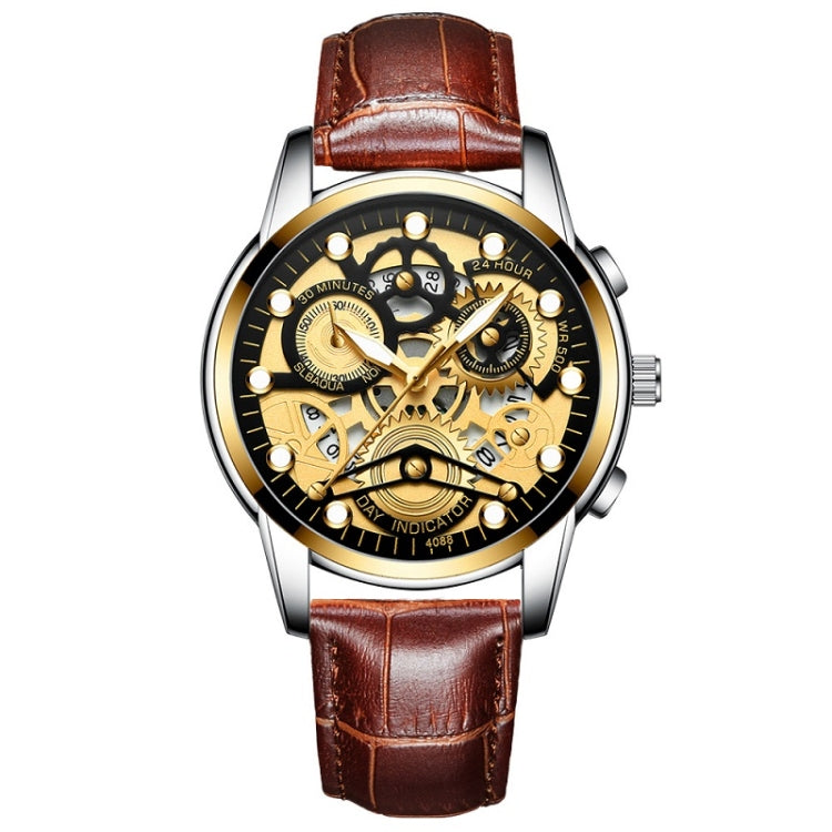 FNGEEN 4088 Men Hollow Quartz Watch Student Water-resistant Luminous Watch(Brown Leather Gold Black Surface)