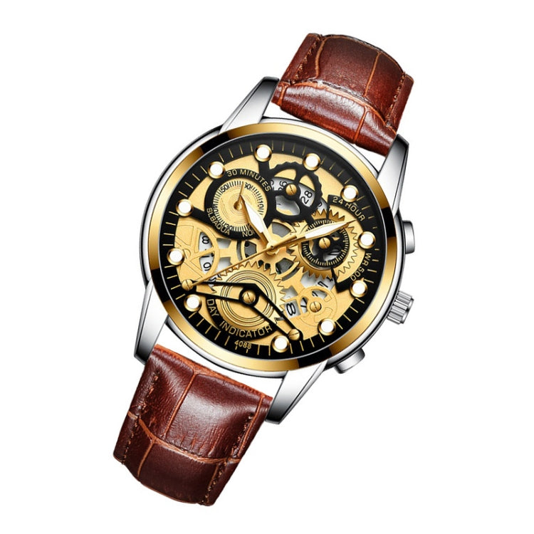 FNGEEN 4088 Men Hollow Quartz Watch Student Water-resistant Luminous Watch(Brown Leather Gold Black Surface)