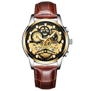 FNGEEN 4088 Men Hollow Quartz Watch Student Water-resistant Luminous Watch(Brown Leather Gold Black Surface)