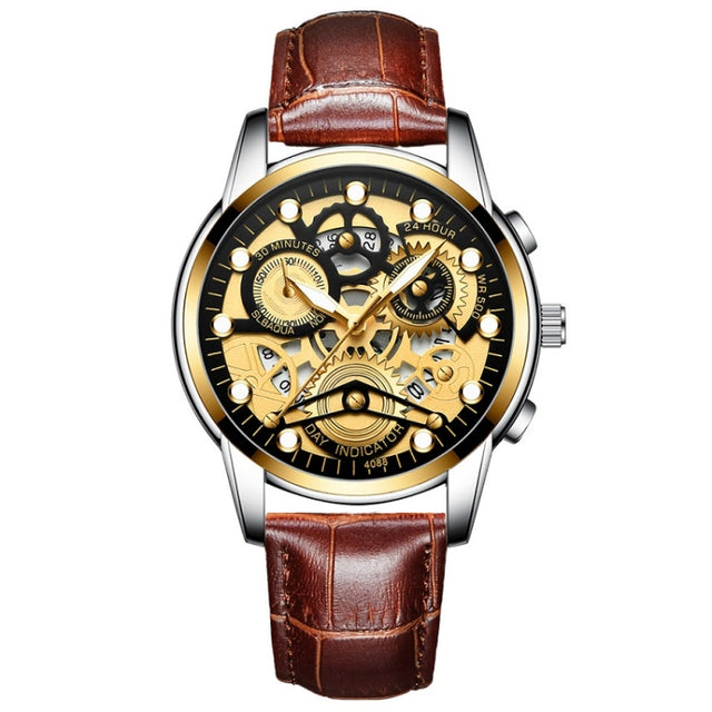 FNGEEN 4088 Men Hollow Quartz Watch Student Water-resistant Luminous Watch(Brown Leather Gold Black Surface)