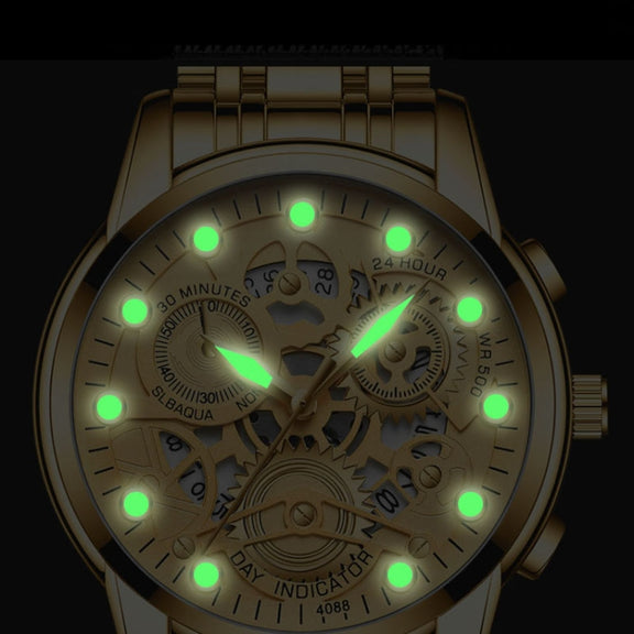 FNGEEN 4088 Men Hollow Quartz Watch Student Water-resistant Luminous Watch(Gold And Gold Surface)