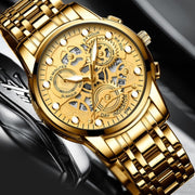 FNGEEN 4088 Men Hollow Quartz Watch Student Water-resistant Luminous Watch(Brown Leather Gold Black Surface)